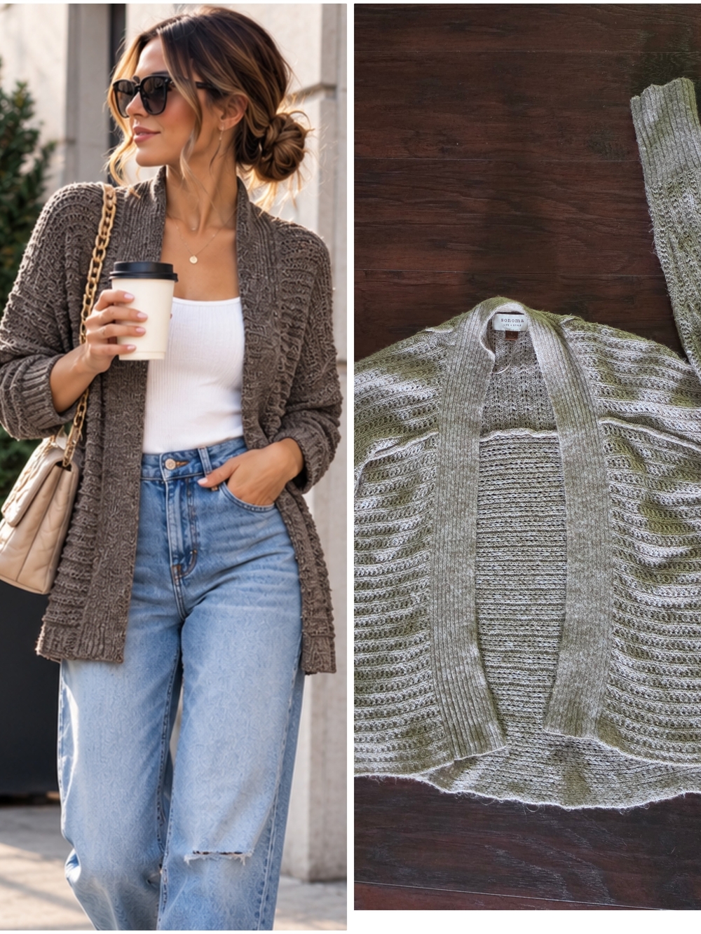 Sonoma Open-Front Taupe Knit Cardigan